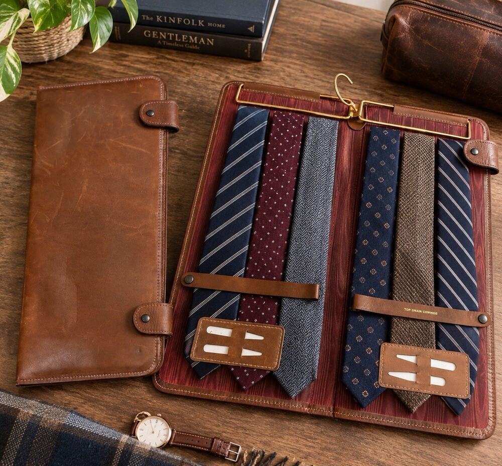 Vintage Men’s Leather Tie Travel Case Top Grain Cowhide Tie Valet Brown